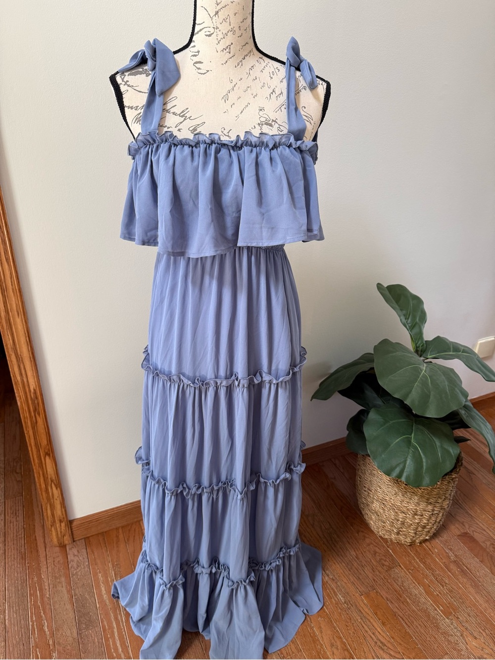 Onetheland Blue Ruffle Maxi Dress, Size S, Tie Strap Cottagecore Style